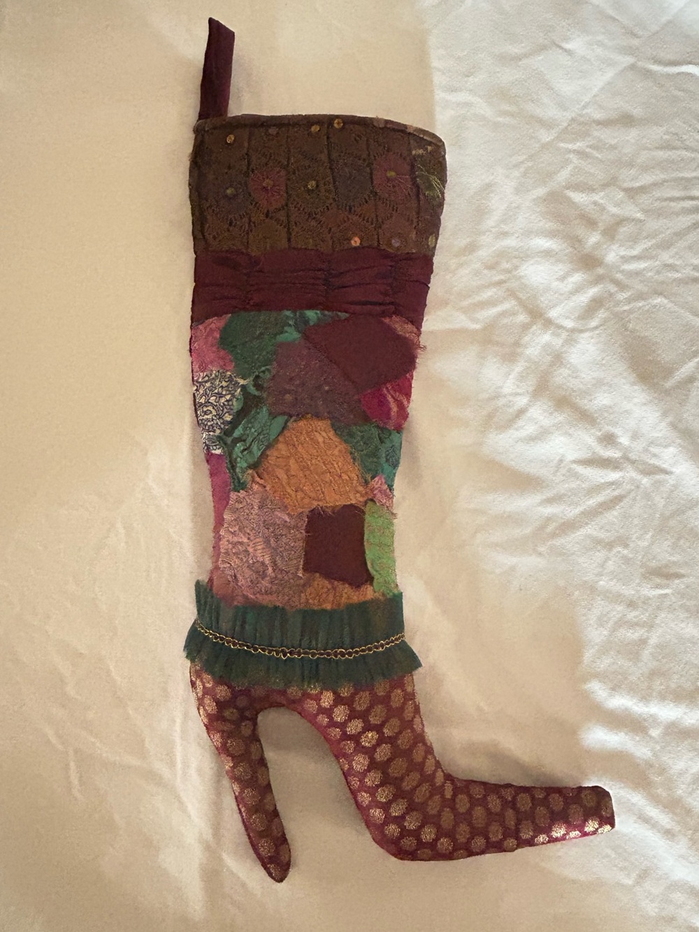 Pier 1 Patchwork Style Victorian Christmas Stocking High Heeled Boot